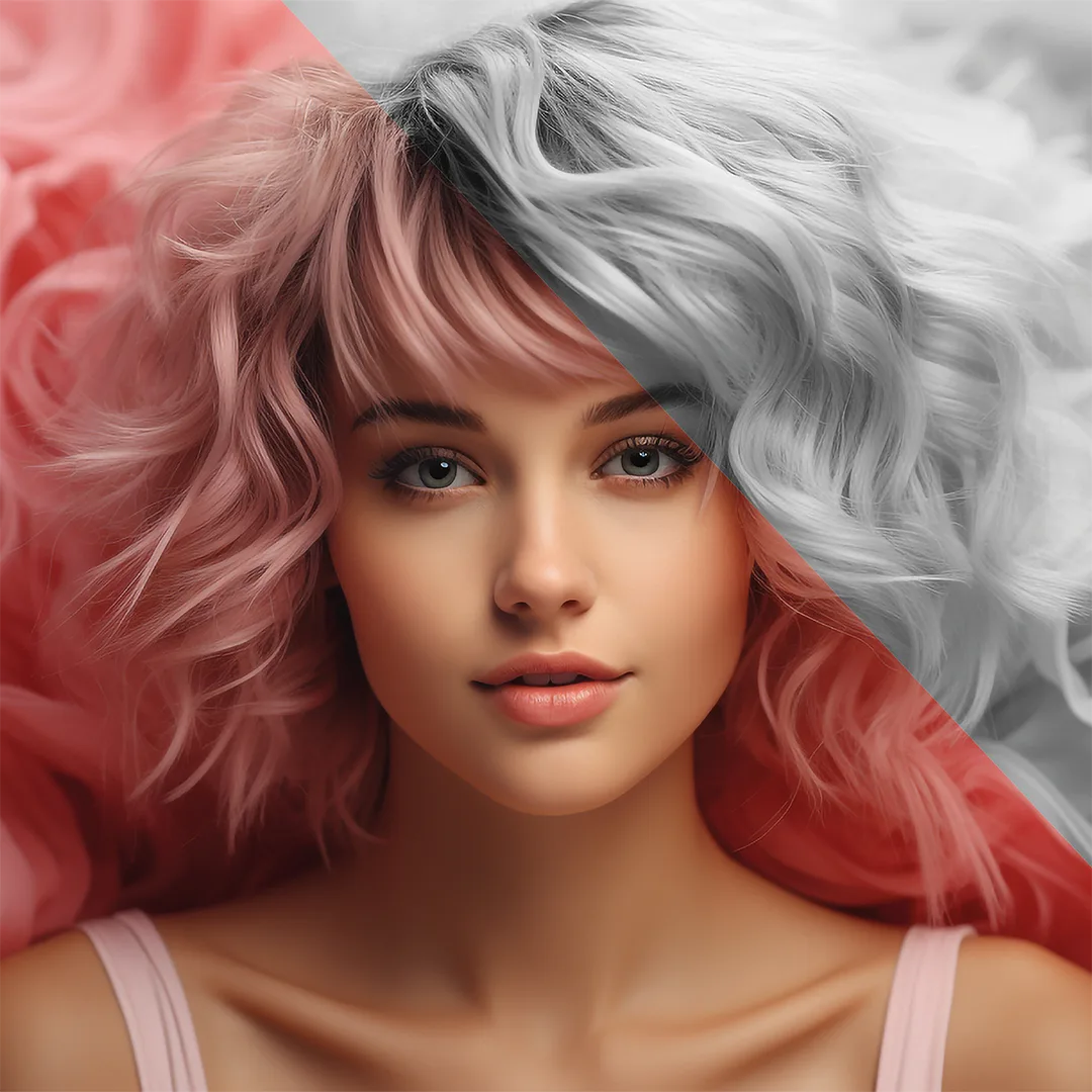 giovane ragazza dai capelli colorati metà rosa metà grigi