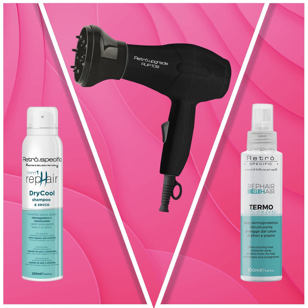 Shampoo a secco e termoprotettore della linea Rephair abbinati al mini phon portatile Rup-109.