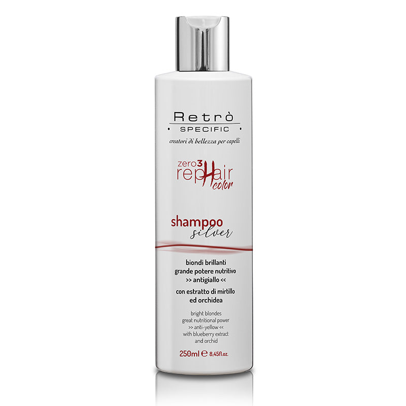 Shampoo antigiallo dalla tonalità rosso e bianco. Bottiglia in pet del medesimo colore con tappo fliptop argentato