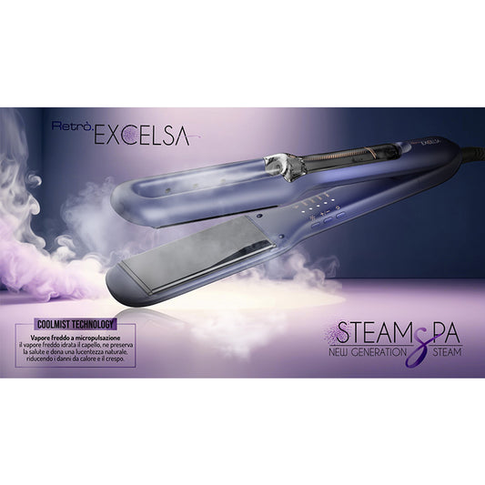 Piastra per capelli di colore blu con un foro superiore al centro della piastra superiore da cui fuoriesce del vapore, su sfondo viola-blu.