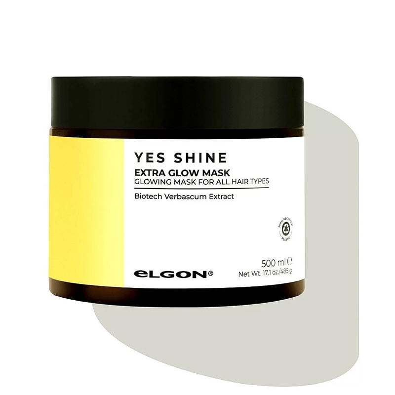 Maschera illuminante per capelli sani e splendenti. Packaging in plastica riciclata con etichetta bianca e gialla.