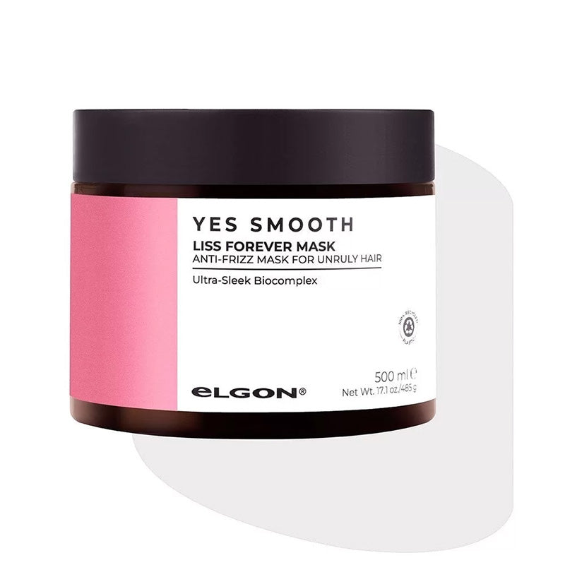 maschera anticrespo per capelli ribelli, vaso da 500ml con tappo nero ed etichetta bianca e rosa.