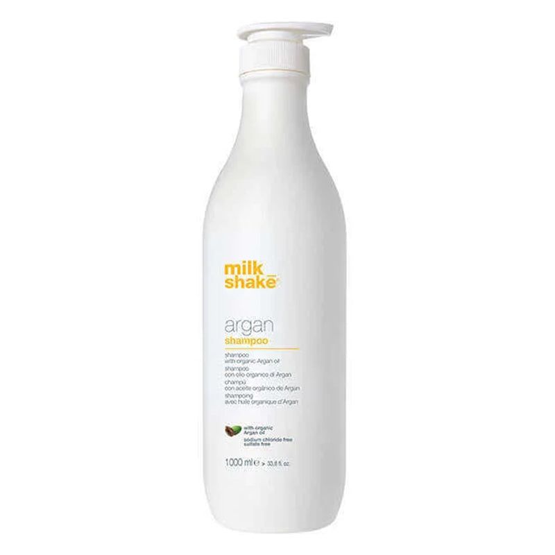 Flacone bianco con tappo a becco bianco. Piccola immagine di un seme di argan nella parte inferiore della bottiglia.