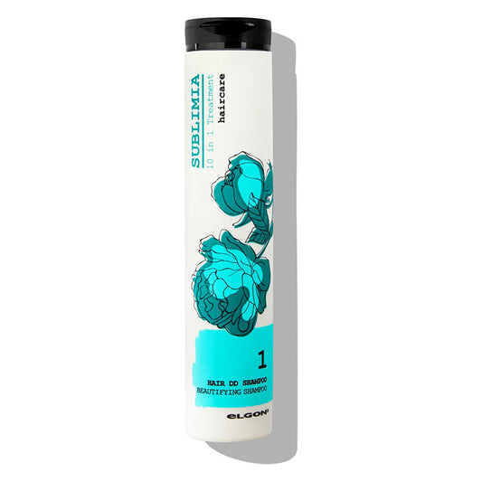 Flacone bianco con tema floreale di colore azzurro, tappo flip top nero tutto corpo.